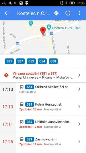 Jízdní řády a zpoždění v síti PID na Mapách Google